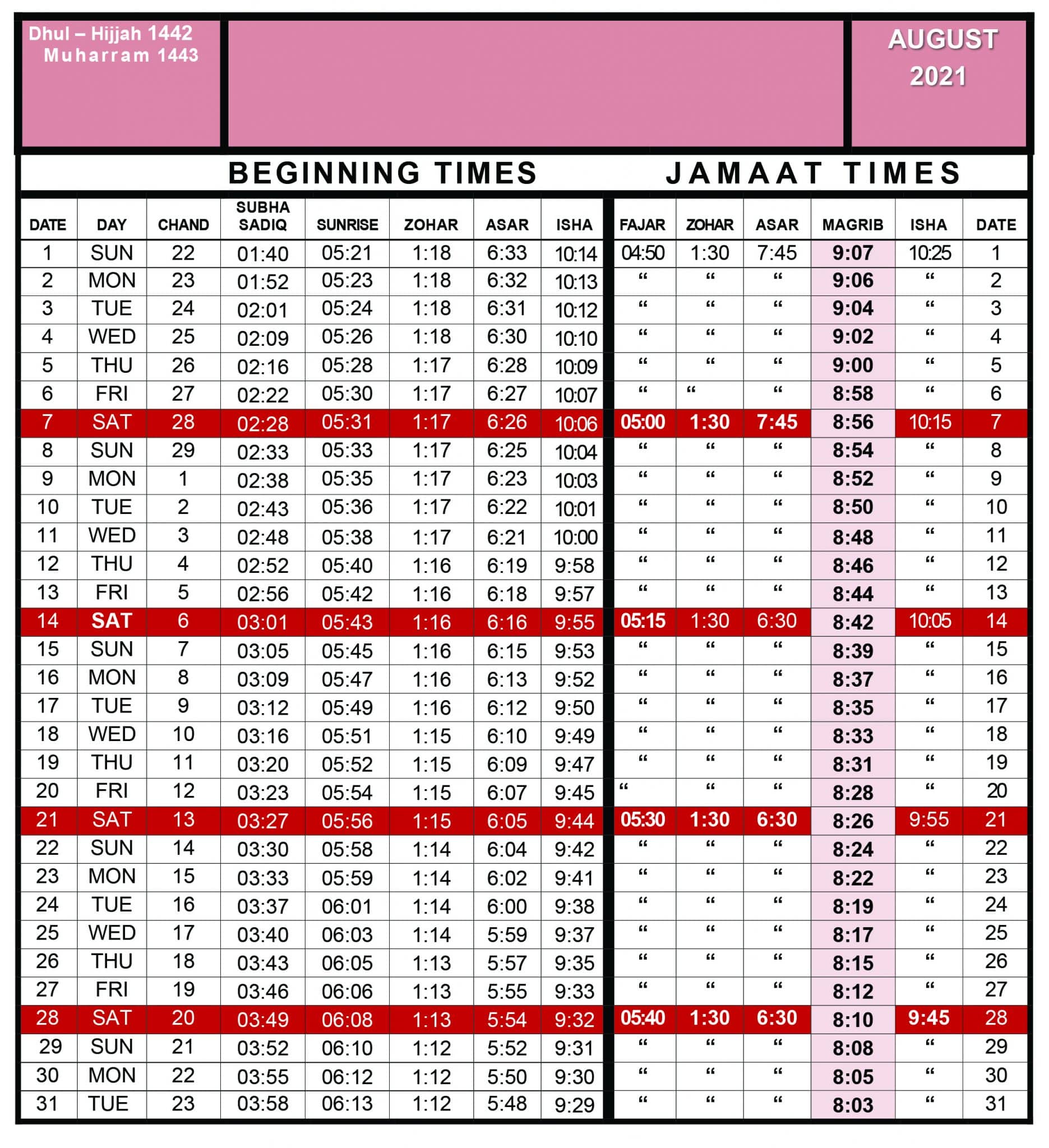 Salaah Timetable | Dawatal Islam Mosque