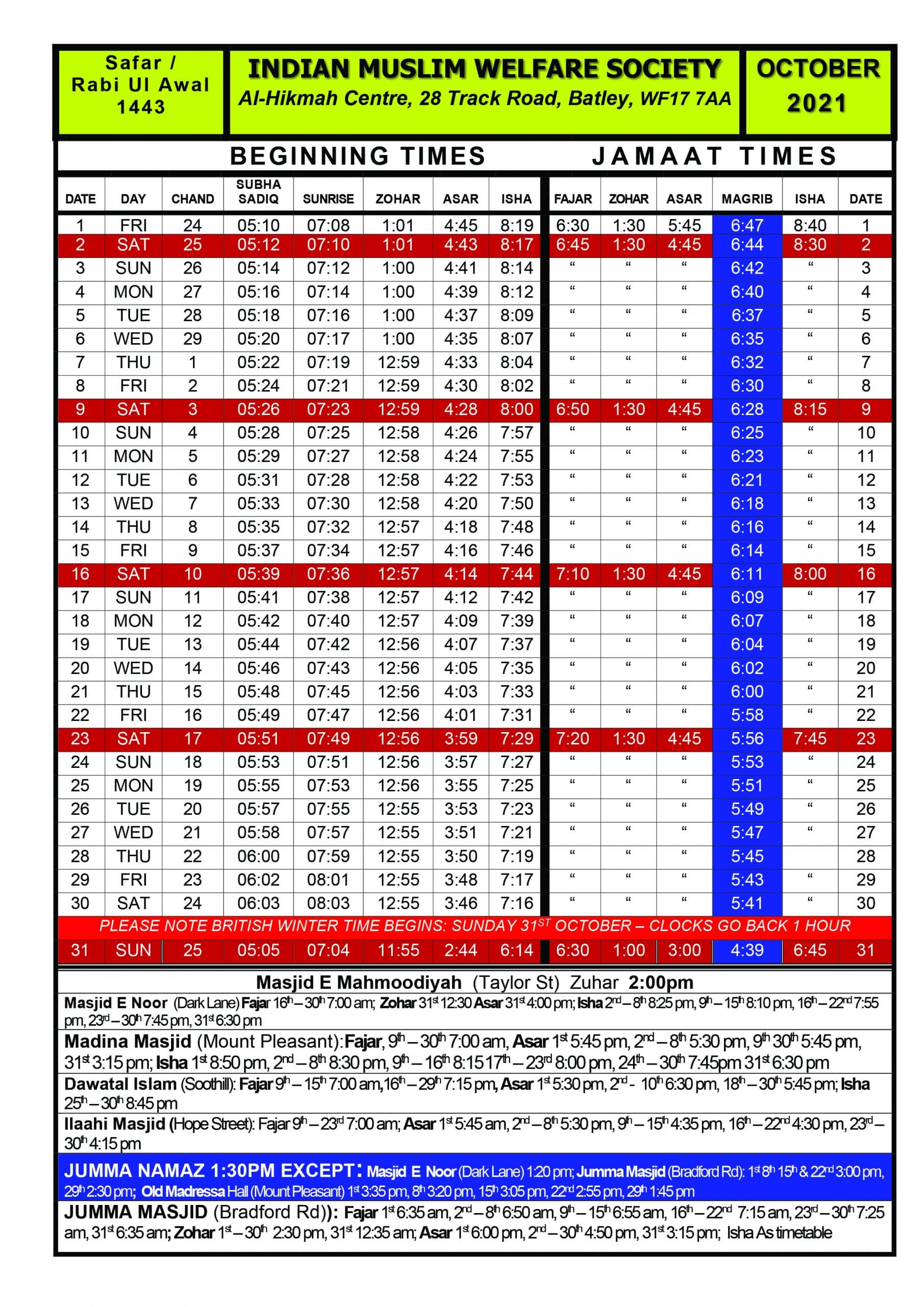 Salaah Timetable | Dawatal Islam Mosque