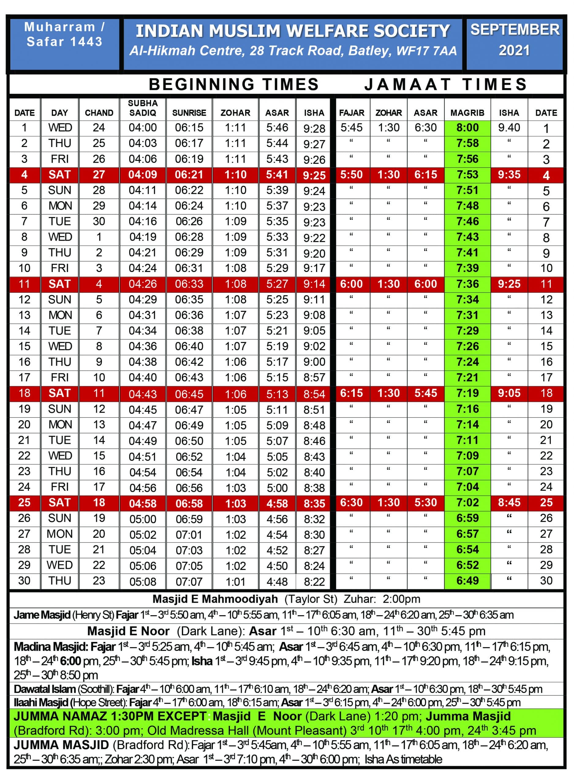 Salaah Timetable Dawatal Islam Mosque